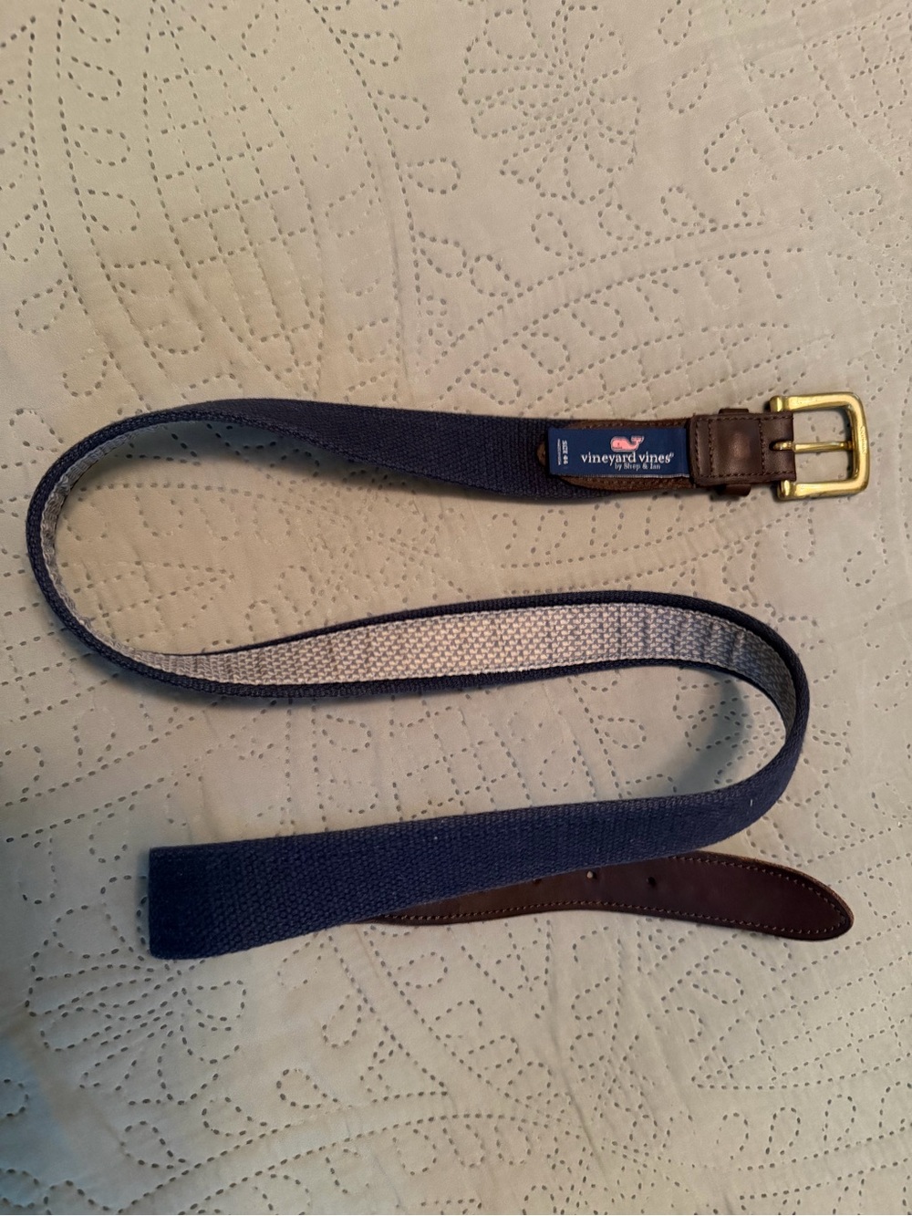Vineyard Vines Navy Canvas Belt with Brown Leather Trim